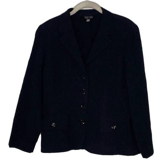 TERI JON Rickie Freeman Black Crinkle Button Light Blazer Jacket Size 8 - Picture 1 of 6